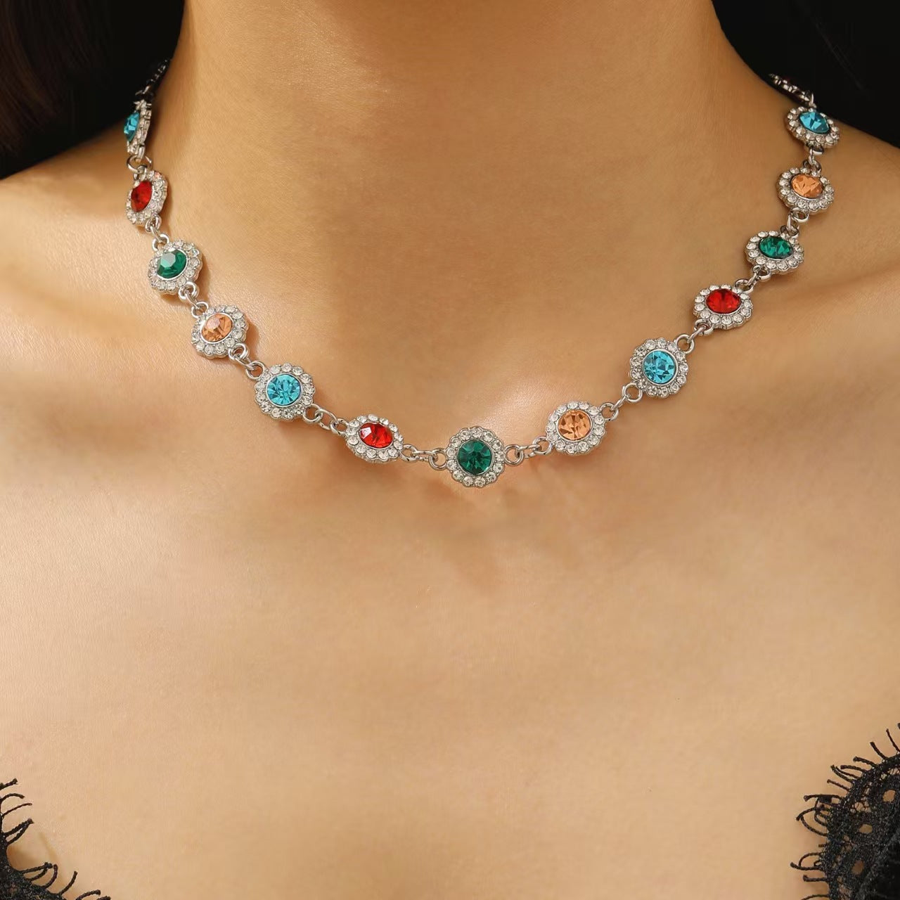 Wholesale French retro color dopamine diamond sunflower necklace